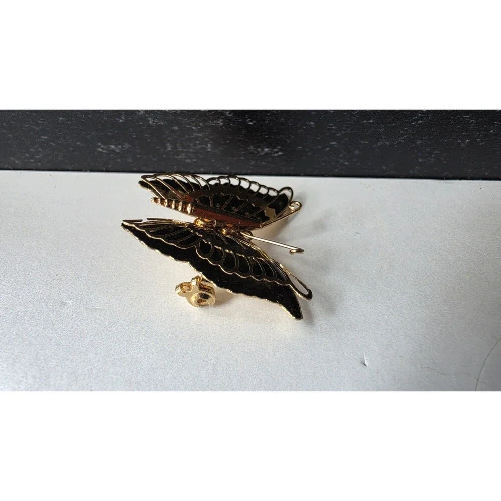Black And Gold Tone Metal Butterfly Brooch Vintage Costume Jewelry